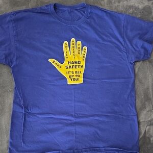 Blue T-Shirt with Yellow Hand Safety Graphic